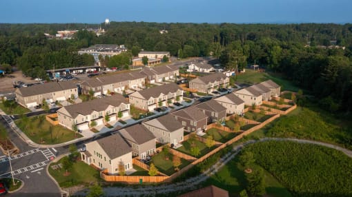 an aerial view of a neighborhood of houses
