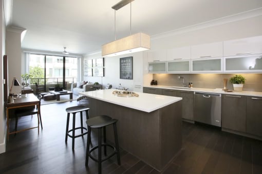 a large kitchen with a center island and stools