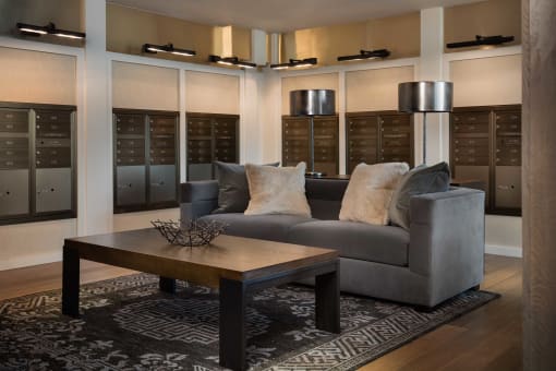 a living room with a couch and a coffee table