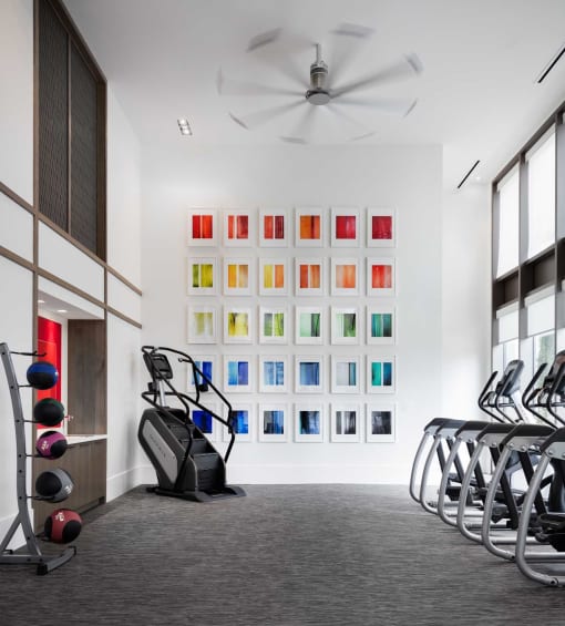 a row of exercise equipment in a gym with colorful artwork on the wall