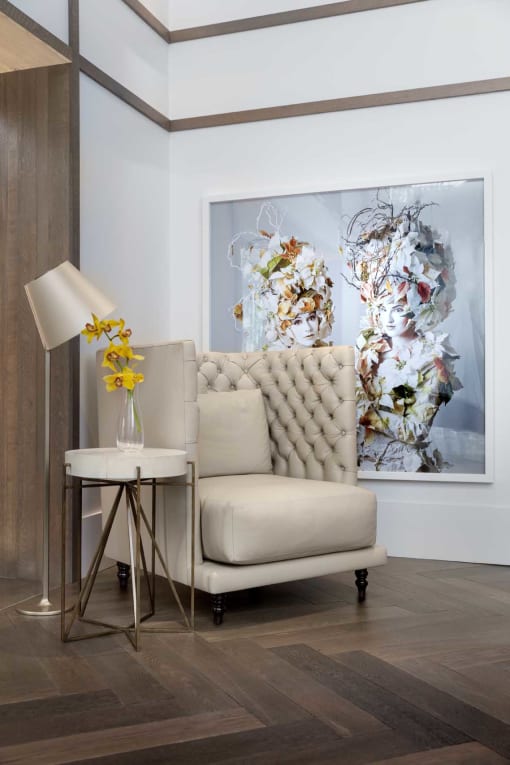 a living room with a couch and a table