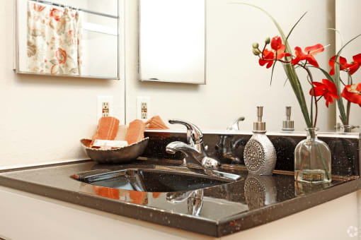 a black counter top in a bathroom with a sink