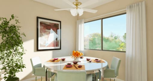 a dining room with a table and chairs and a window