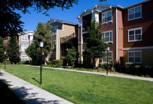 an exterior view of a row of apartment buildings on a sidewalk