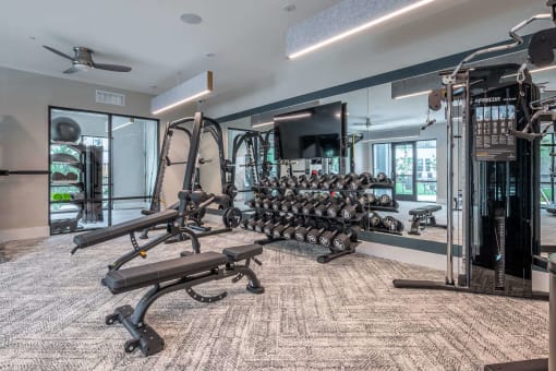 a home gym with weights and a mirror on the wall