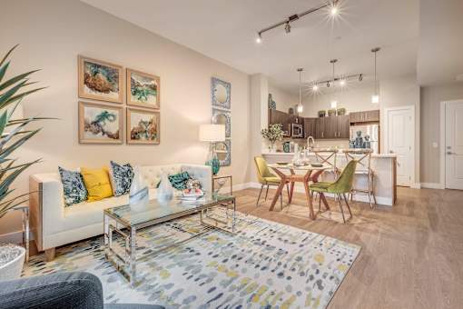 a living room with a couch and a table