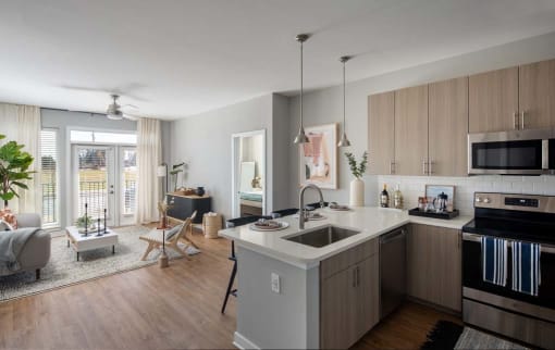 Kitchen and living room view at Alta Davis, Durham, NC
