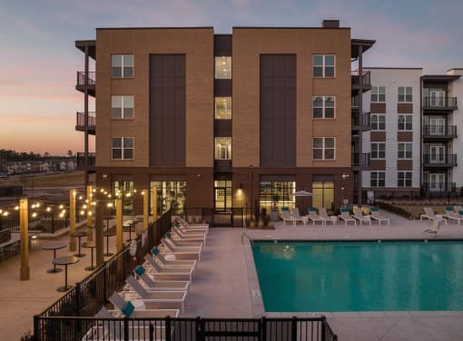 Building and pool view at Alta Davis, North Carolina