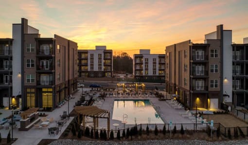 Pool view at sunset at Alta Davis, Durham, NC, 27703