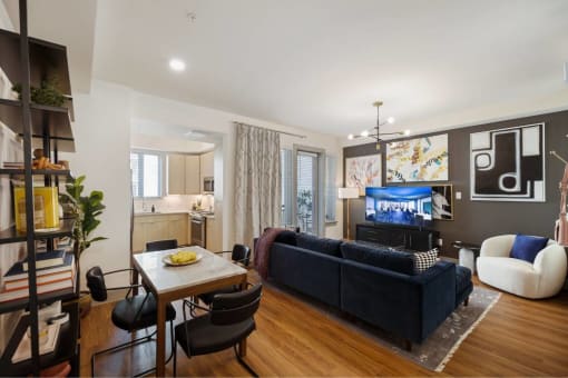 a living room with a couch and a table