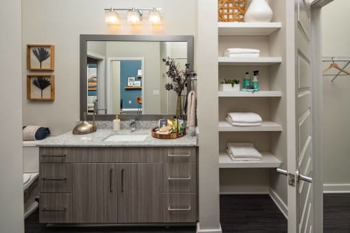 a bathroom with a vanity and a mirror and a closet