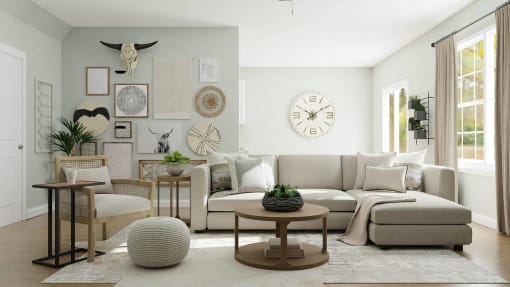 a living room with a couch and tables