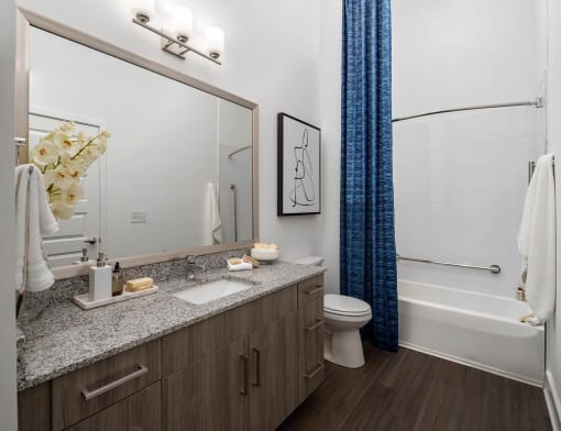 a bathroom with a shower and a sink and a mirror
