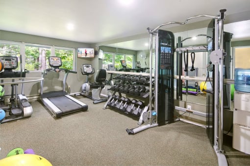 a gym with weights and cardio equipment in a room with windows