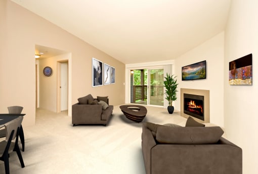 a living room with couches and a table and a fireplace