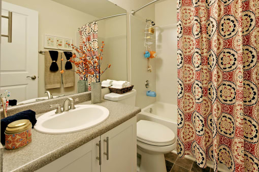 a bathroom with a sink toilet and shower