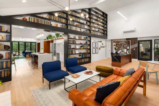 a living room filled with furniture and a library