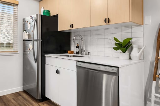 a small kitchen with a dishwasher and a refrigerator