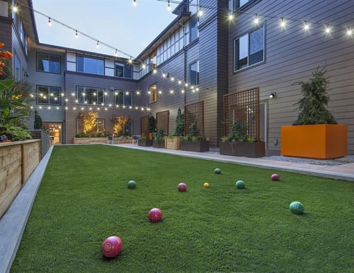 a backyard with bocce balls on the grass