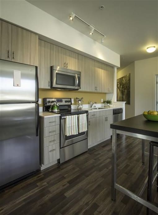 a kitchen with stainless steel appliances and a microwave