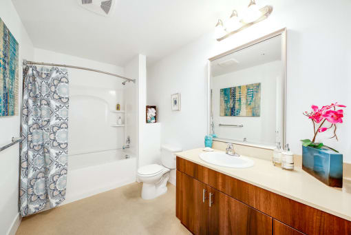 a bathroom with a sink toilet and a shower