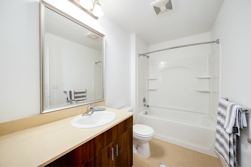 a bathroom with a shower sink and toilet and a mirror