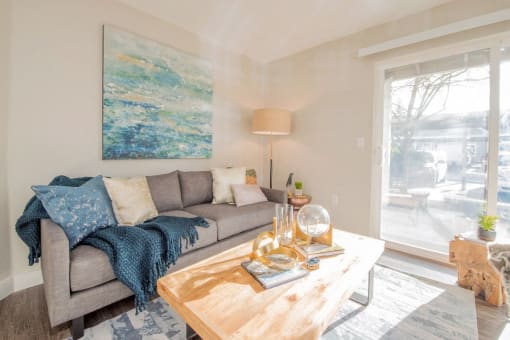 a living room with a couch and a coffee table