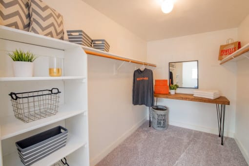 a walk in closet in a bathroom with shelves and a mirror
