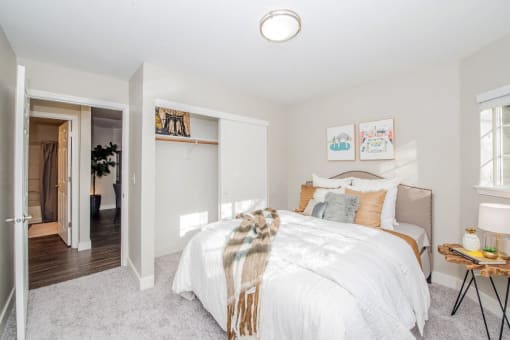 a bedroom with a bed and a closet