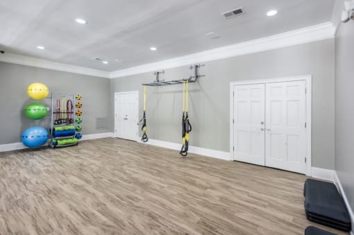 a workout room with weights and a swing set in a home gym