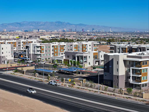 an aerial view of a city with buildings and a highway at Element 12 Apartments, Henderson NV