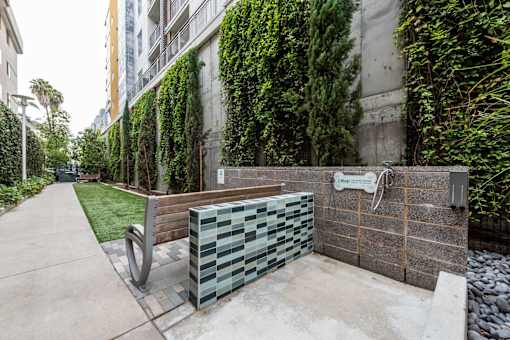 A green bench sits in front of a wall covered in greenery.