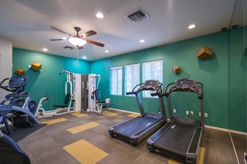 A gym with treadmills, weights, and a fan.