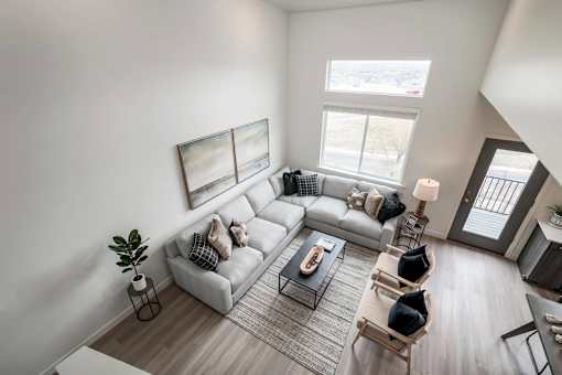 A living room with a grey couch, a coffee table, and a potted plant.