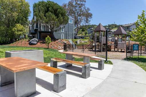 A park with a playground and benches.
