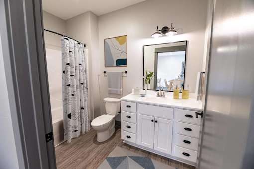 A bathroom with a toilet, sink, and a mirror.