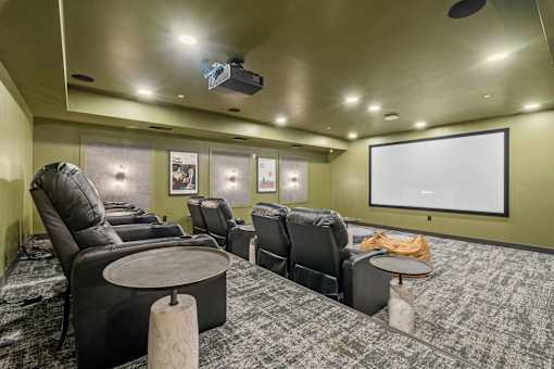 A home theater with a large screen and comfortable seating.