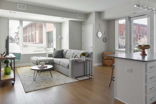 Spacious living room with grey couch at Park 205 Apartments in Park Ridge, IL