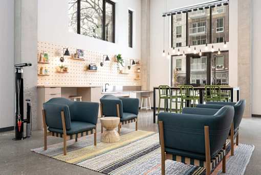 A room with a row of chairs and a wall with shelves and plants.