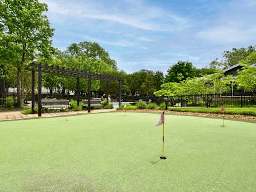A flag is planted in a green lawn.