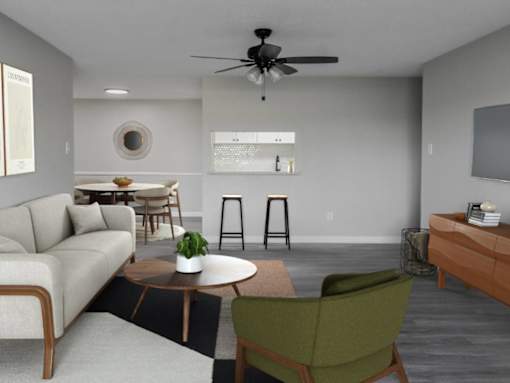 Modern living room from the dining table at Riverset Apartments modern apartments in Memphis, TN.