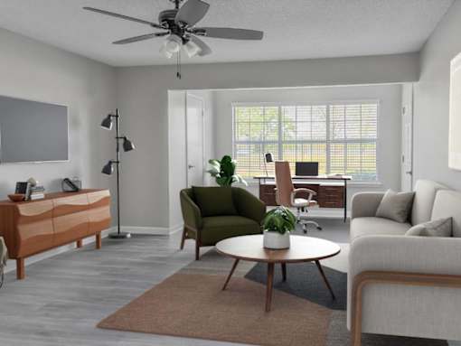 Living area with white couch at Riverset waterfront apartments in Memphis