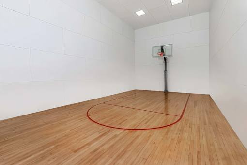 A basketball hoop is mounted on a pole in a room with a wooden floor.