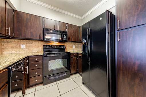 A kitchen with a black refrigerator and black oven.
