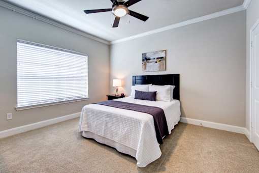 A bedroom with a bed, a ceiling fan, and a window with blinds.