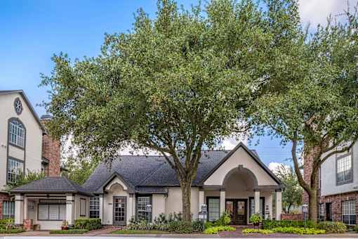 A house with a black roof and a tree in front.
