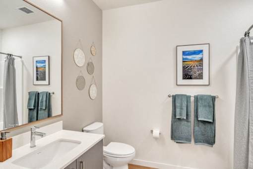 A bathroom with a white sink, toilet, and a grey shower curtain.