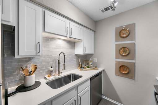 A kitchen with a white counter top and a stainless steel dishwasher.