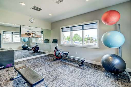 A gym with a variety of equipment including a bench, a ball, and a mirror.