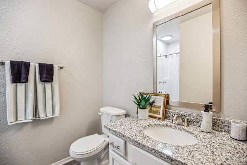 A bathroom with a toilet, sink, mirror, and towel rack.